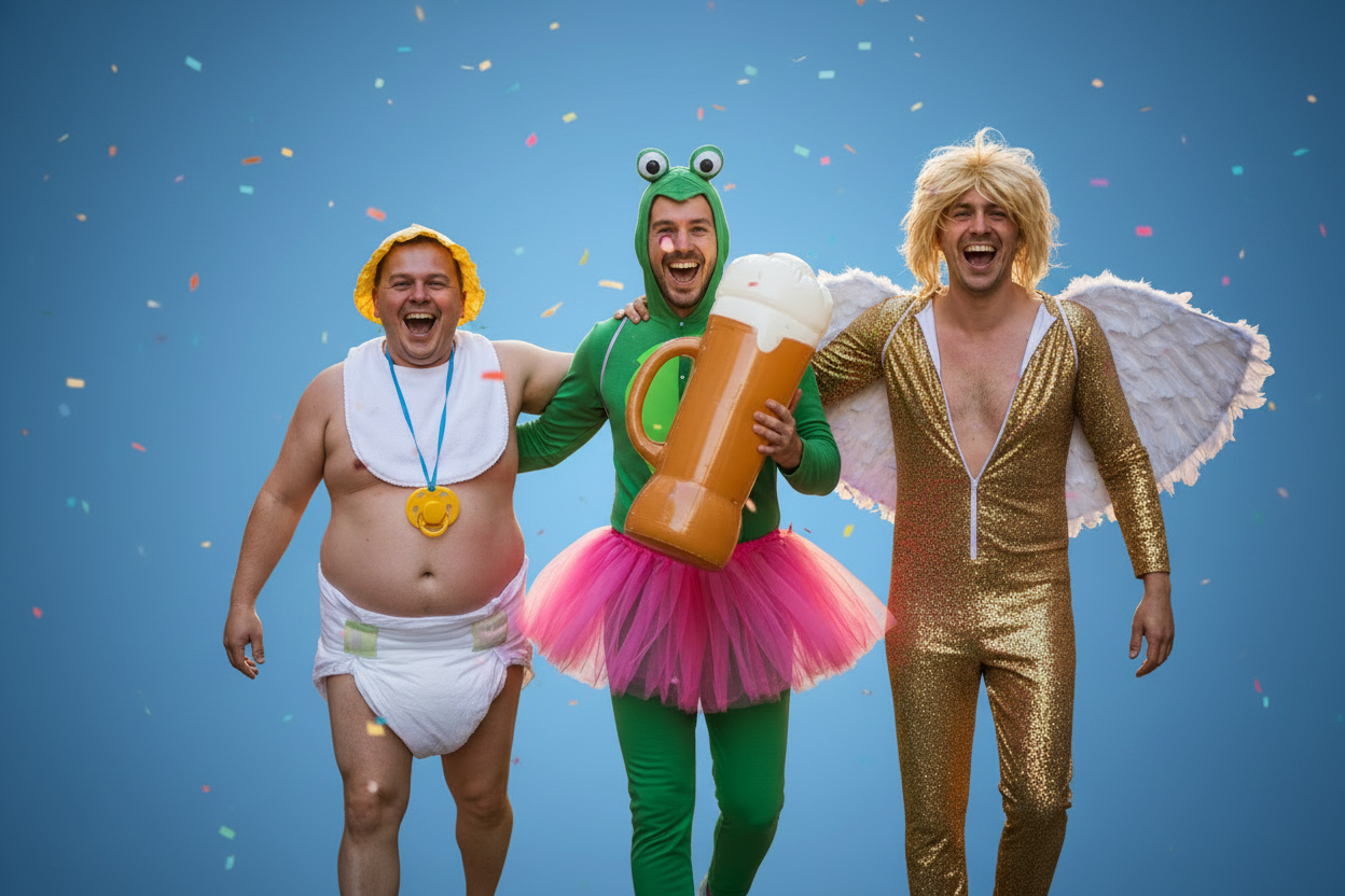 Three lads on a stag do with gradient blue background